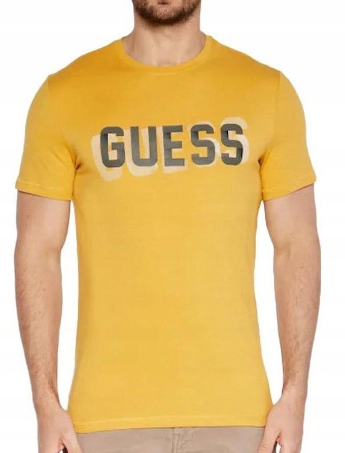 GUESS ŻÓŁTY T SHIRT MĘSKI Z NADRUKIEM LOGO BAWEŁNA S GNA