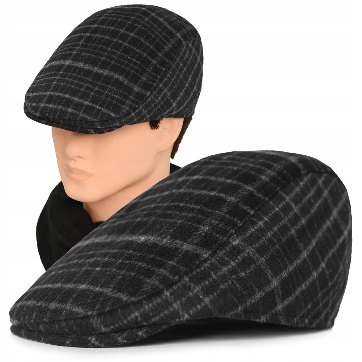 Kaszkiet Męski Zimowy Ocieplany Elegancka Czapka w Kratę z Wełną