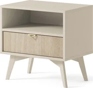 Szafki nocne - BETTSO Stolik nocny szafka nocna z szufladą i półką nowoczesny design złote uchwyty FIRR Piaskowy beż + wzór w jodełkę - miniaturka - grafika 1
