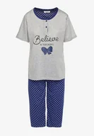 Piżamy damskie - Granatowo-Szary Bawełniany Komplet Piżamowy Bluzka z Napisem i Spodnie Firadelle - Born2be - miniaturka - grafika 1