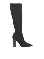 Kozaki damskie - Kozaki z elastycznej tkaniny na brązowym obcasie - miniaturka - grafika 1