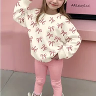 Spodnie i spodenki dla dziewczynek - TEMU Wiosenno-Jesienny Dla Dziewczynek z Nadrukiem Kokardy: Bluza z Okrągłym Dekoltem i Legginsy, Idealny na Zewnątrz - miniaturka - grafika 1
