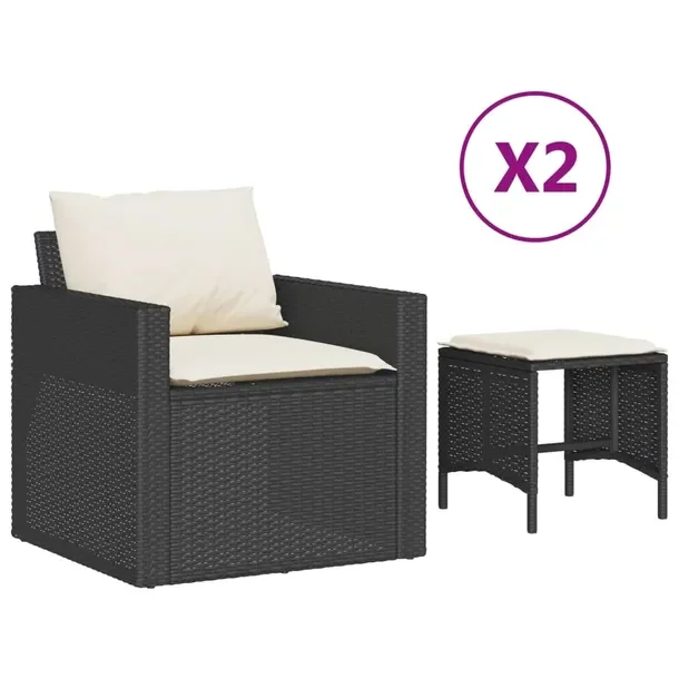 Zestaw Mebli Ogrodowych Rattan PE Czarny, Siedzisko 68x68x68cm, Stołek 40x