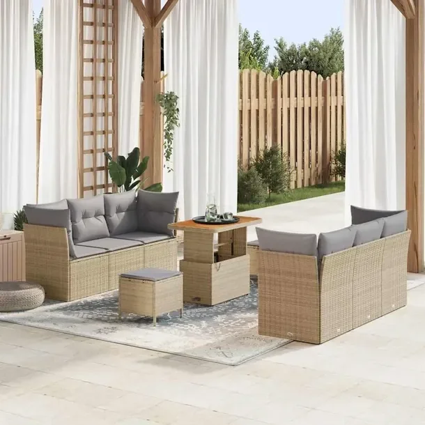 9-elementowy zestaw sof ogrodowych, beżowy, naturalny rattan
