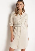 Sukienki - Beżowa Sukienka o Koszulowym Fasonie z Paskiem z Cyrkoniami w Komplecie Iosali - miniaturka - grafika 1