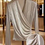 Bluzki damskie - TEMU Elegancka Bluzka z Długim Rękawem i Dekoltem w Serek z Przecinającymi się Guzikami - Średnio Elastyczna, Jednokolorowa Koszulka Idealna na - miniaturka - grafika 1