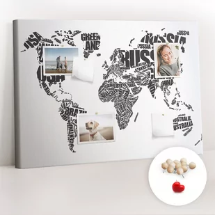 Planer na ścianę, Tablica korkowa 100x70 cm, Drewniane Pinezki, wzór Mapa świata z napisów - Tablice i flipcharty - miniaturka - grafika 1