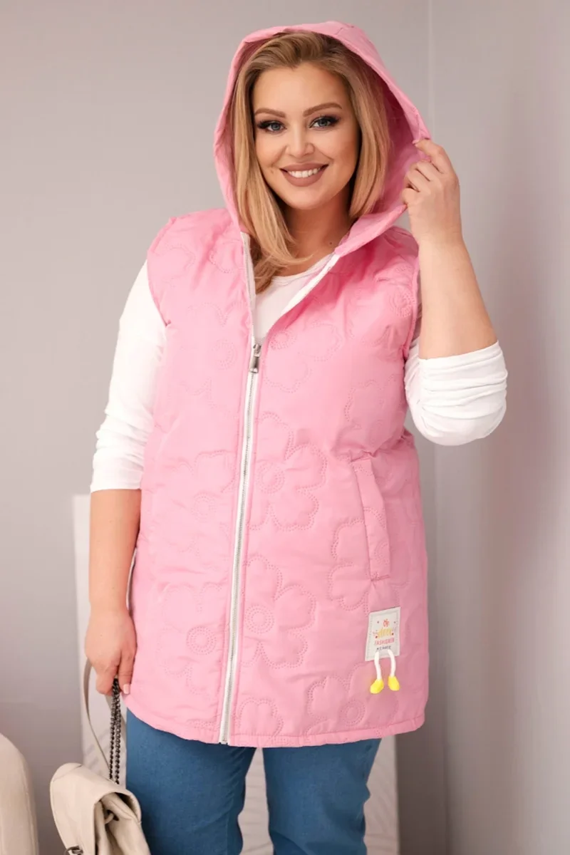 Jasno różowa kamizelka damska pikowana Plus Size z kapturem