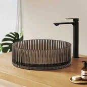 Umywalki - EMKE Umywalka nablatowa 40x40x12 cm, Okrągła umywalka z czarnego szkła, montaż nablatowy - miniaturka - grafika 1