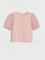 Koszulki dla dziewczynek - Reserved - Bluzka z ażurowymi rękawami - brudny róż - miniaturka - grafika 1