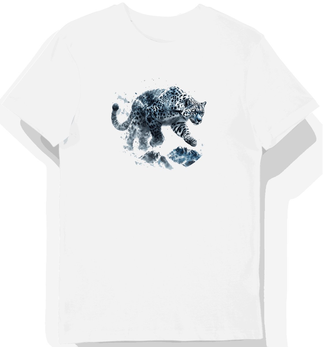 Koszulka męska biała z motywem śnieżnej pantery na górskim tle L