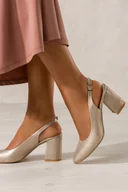 Czółenka - Złote czółenka skórzane damskie na ozdobnym szerokim słupku z odkrytą piętą PRODUKT POLSKI Casu 01501-1814 - miniaturka - grafika 1