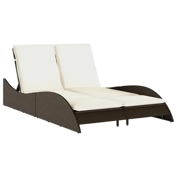 Leżak rattanowy PE brązowy 114x205x54/63/73 cm, poduszki kremowe 55x199x3