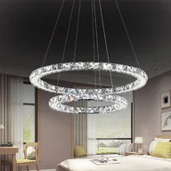 Lampy sufitowe - YARDIN 48W LED Nowoczesny kryształowy żyrandol Zimne białe światło wiszące Kreatywna lampa wisząca, 2 pierścienie Regulowana lampa sufitowa Lampa do sypialni - miniaturka - grafika 1