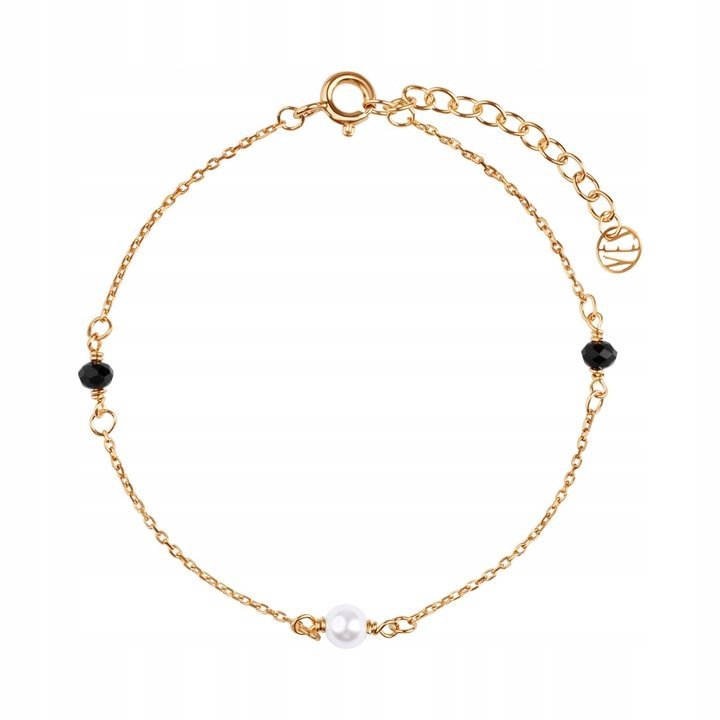 Bransoletka srebrna p.925 pozłacana z perłą i czarnym szkłem YES 19 cm
