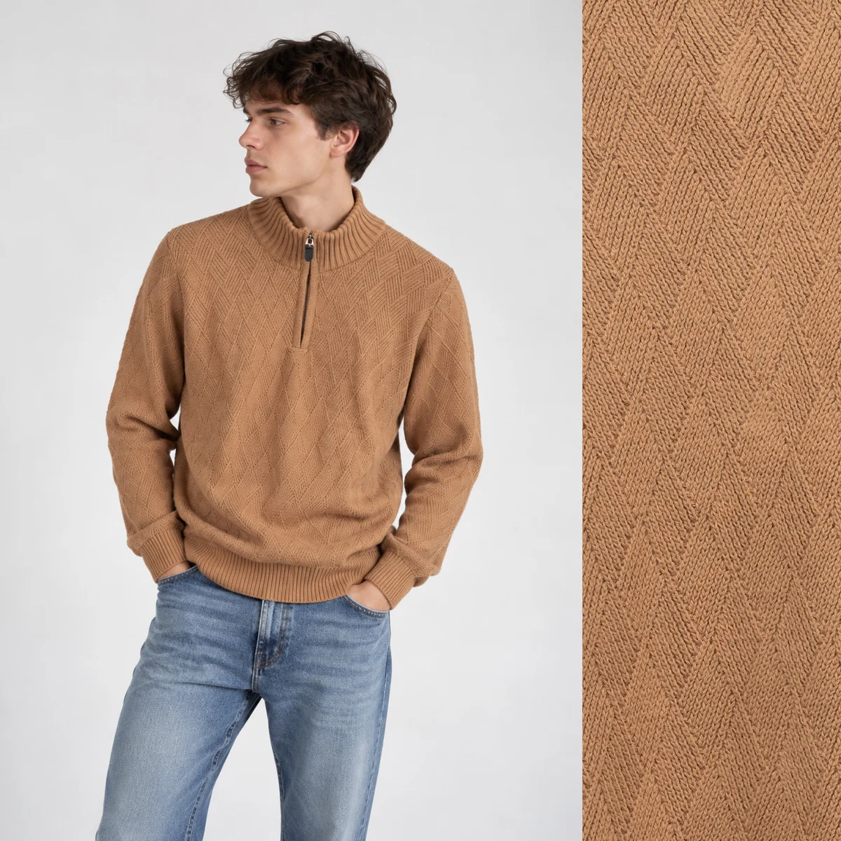 Sweter Męski Ze Stójką i zamkiem Bawełniany Klasyczny Ciepły Camel XL