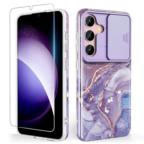 SHEDEER Etui do Samsunga S25 z osłoną aparatu przesuwnego + osłona ekranu, etui do Samsung Galaxy S25, dopasowane, lekkie, błyszczące, odporne na blaknięcie wzór etui na telefon (fioletowe)