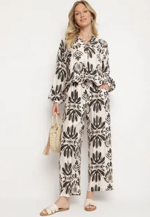 Czarno-Beżowy Komplet z Wiskozą w Etniczny Wzór Długa Koszula i Szerokie Spodnie Rindira - Komplety damskie - miniaturka - grafika 1