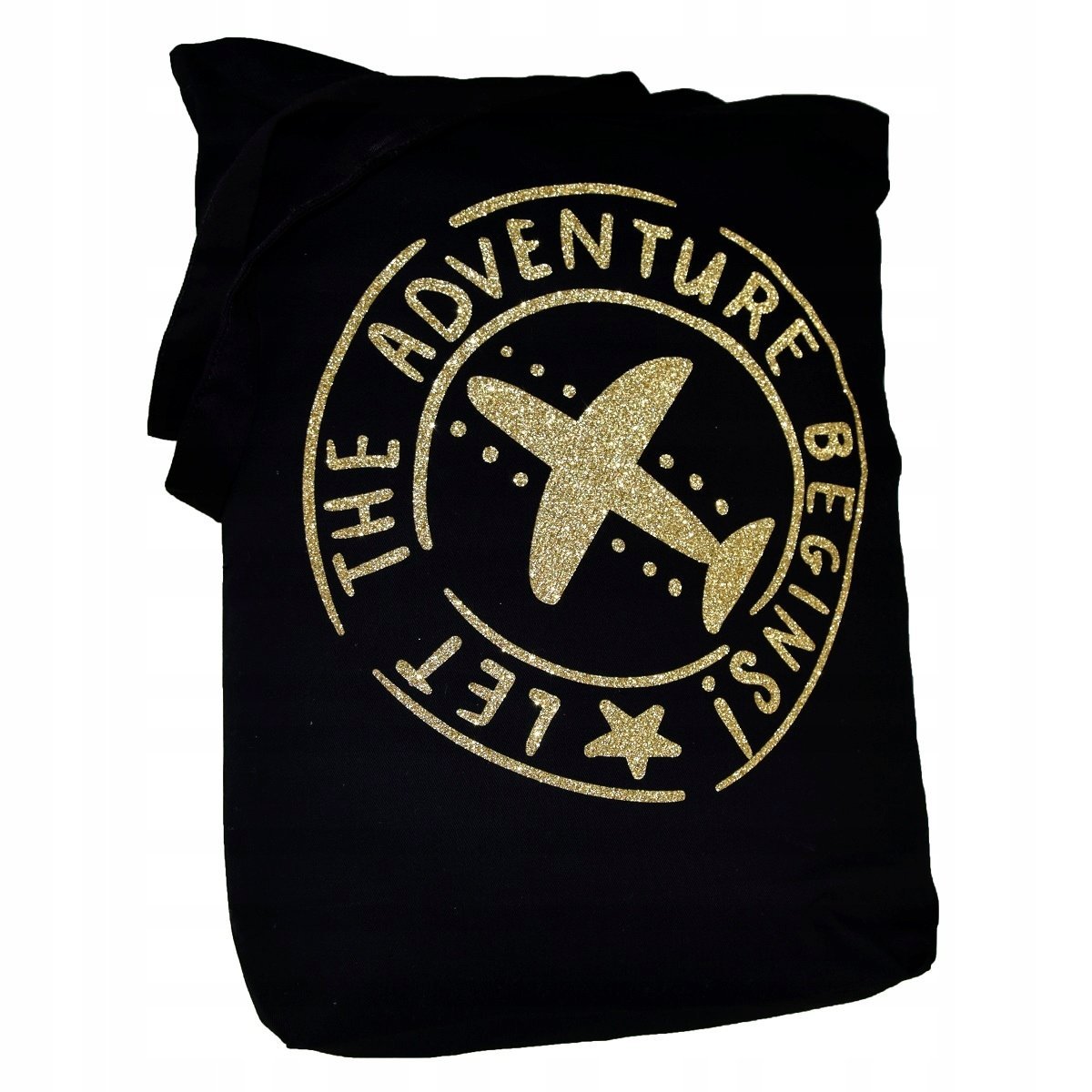 TORBA bawełniana czarna 220g z nadrukiem TRAVEL samolot siatka na zakupy