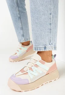 Beżowo-Fioletowe Sneakersy na Płaskiej Grubej Podeszwie z Imitacji Zamszu Ozdobione Wstawkami z Ekoskóry Mariatta - Sneakersy damskie - miniaturka - grafika 1