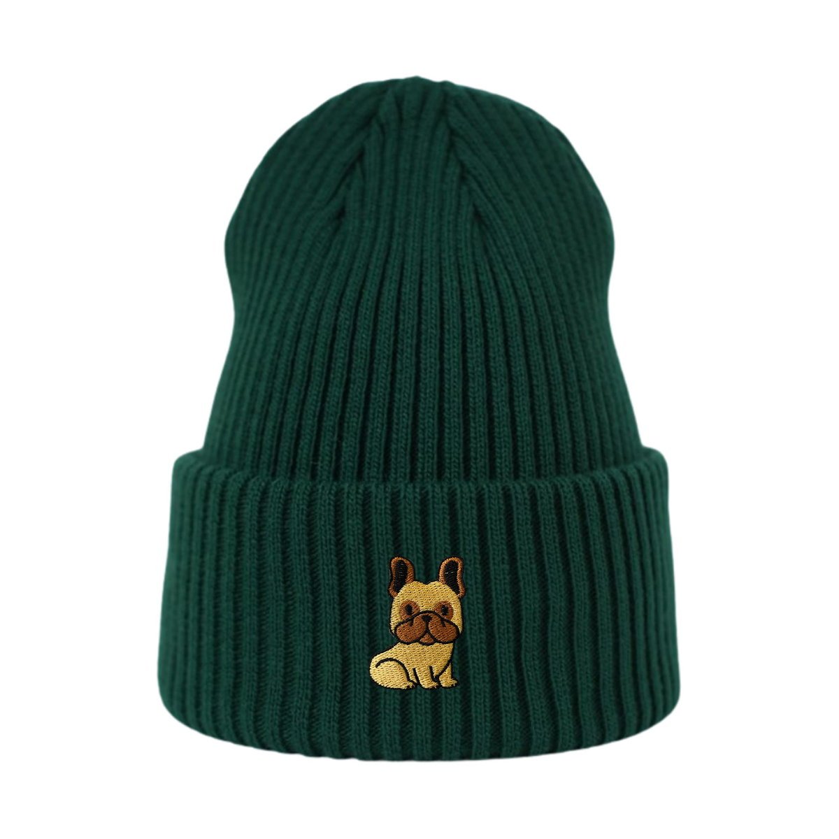 Haftowana czapka beanie - BULDOG FRANCUSKI - butelkowa zieleń