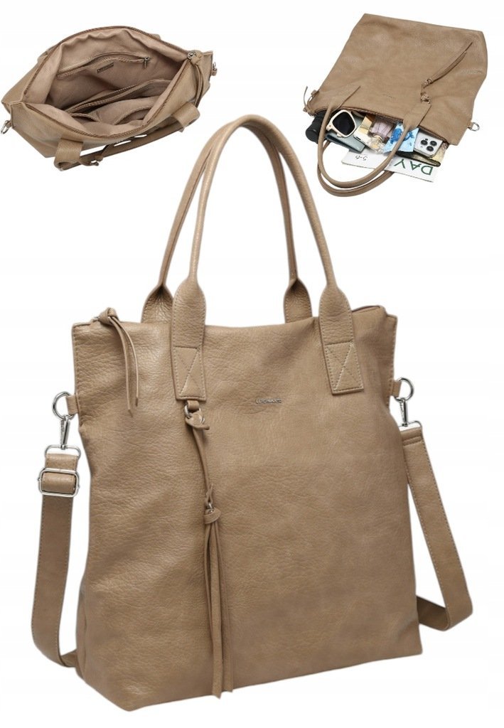 Torebka Torba Damska A4 Shopper LUIGISANTO Pasek V8007-3 Beige/Taupe