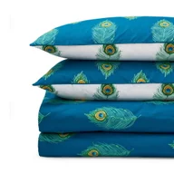 Pościel - Biało-zielononiebieska bawełniana pościel dwuosobowa 200x200 cm Peacock Feather – Their Nibs - miniaturka - grafika 1