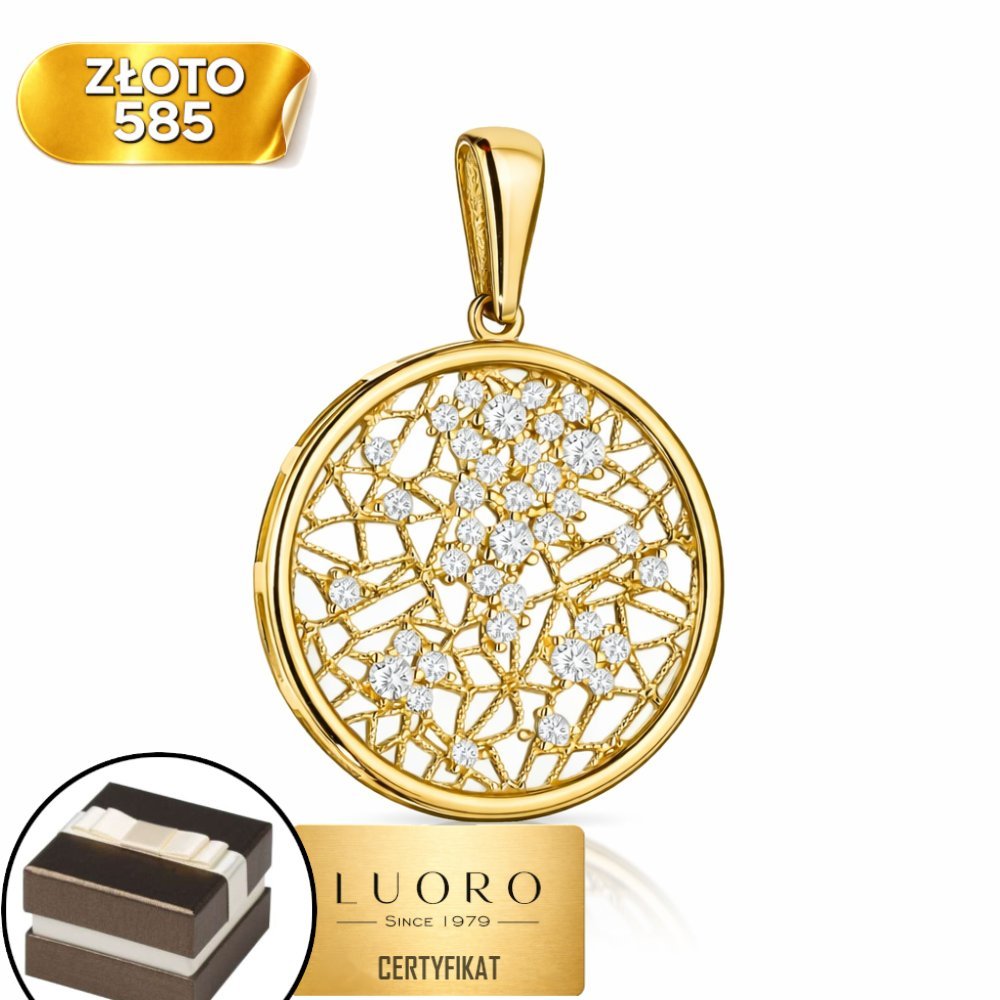 ZAWIESZKA ZŁOTA 585 14K AŻUROWE KOŁO Z CYRKONIAMI 3,2 CM ELEGANCKA