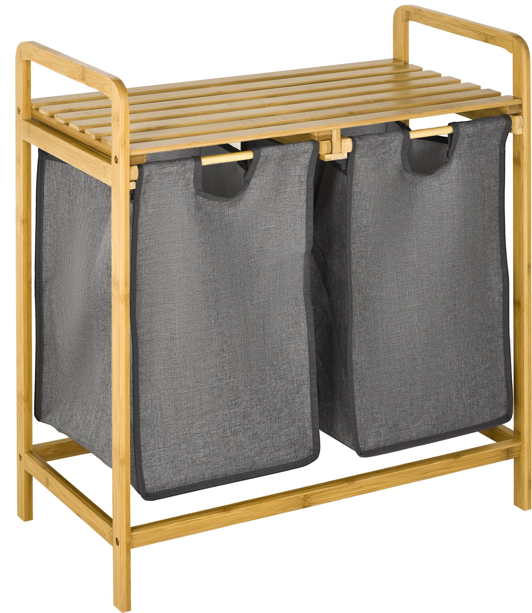 HOMCOM Kosz na pranie Pojemnik na pranie z 2 wyjmowanymi workami na pranie Kosz na pranie z platformą Sortownik na pranie do łazienki Bambus Szary+Naturalny 63,5 x 33 x 73 cm