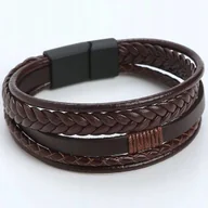 Bransolety męskie - BRANSOLETKA MĘSKA SKÓRZANA BRĄZOWA PLECIONA STAL SZLACHETNA NA WALENTYNKI - miniaturka - grafika 1