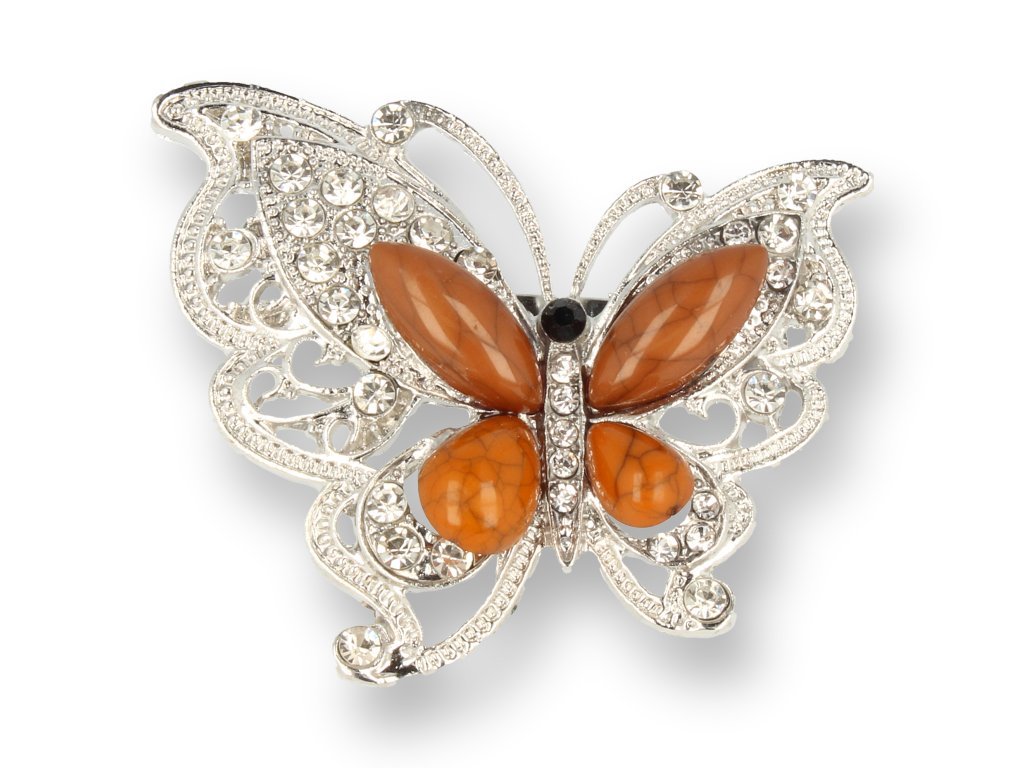 BROSZKA damska Srebrny Motyl z brązowymi kamieniami