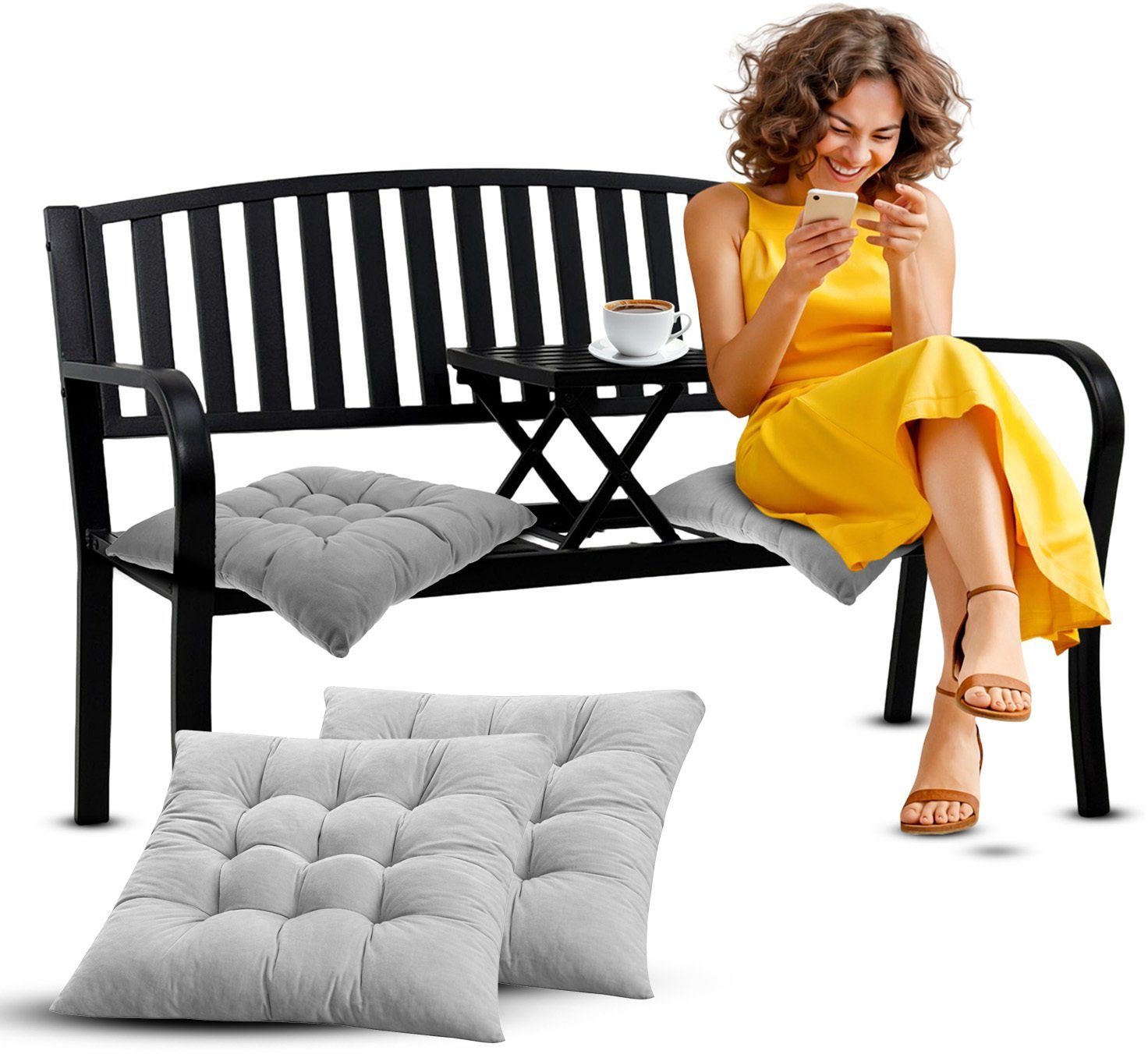 Ambiance Ławka ogrodowa z oparciem i poduszkami Heckermann HM-127 metalowa + stolik kawowy