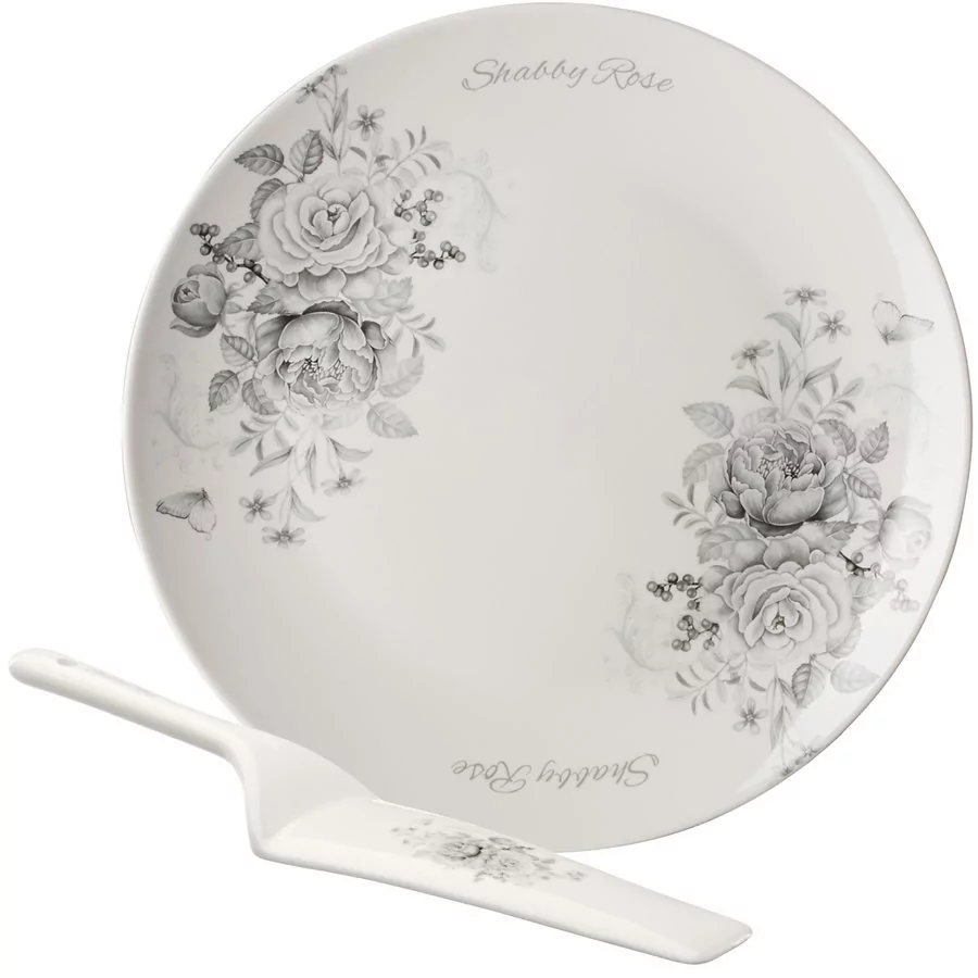 Tadar SHABBY ROSE TALERZ PŁYTKI DESEROWY 27 CM + ŁOPATKA DO CIASTA PORCELANA BON CHINA 5907558799705