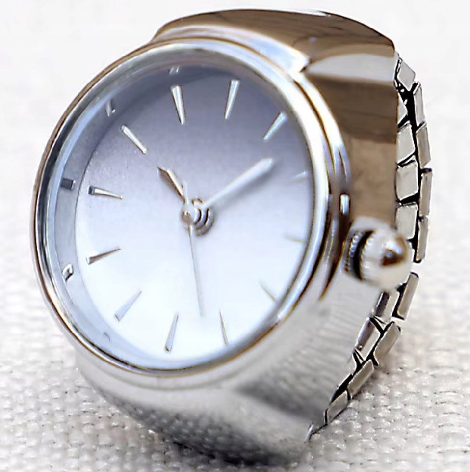 Srebrny Sygnet Zegarek na Palec Regulowany Rozmiar 14-29 Luksus Działający