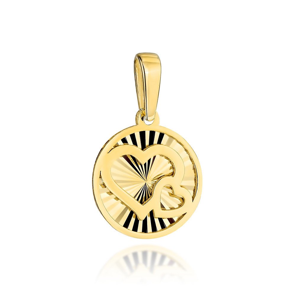Złota zawieszka wisiorek splecione serca w kółku grawerowane pr. 585
