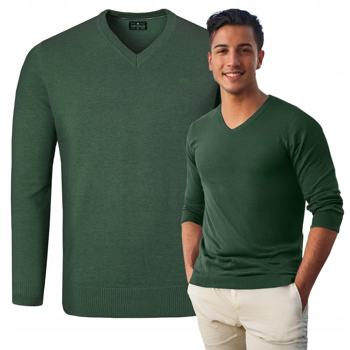 Elegancki SWETER Męski w Serek Bawełniany Gładki ZIELONY L Pako Jeans