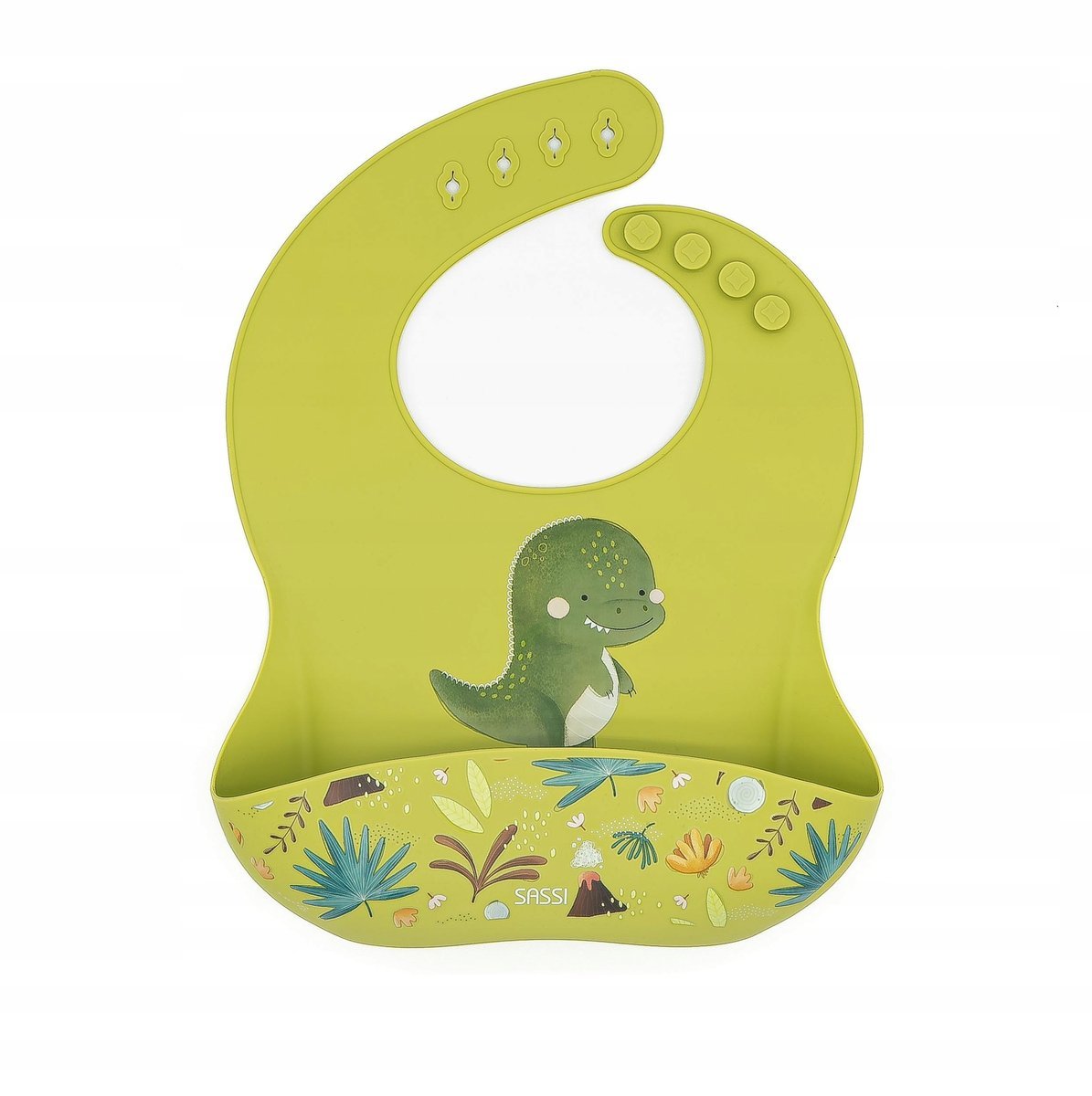 SASSI Śliniak silikonowy z kieszonką dinozaur SASSI