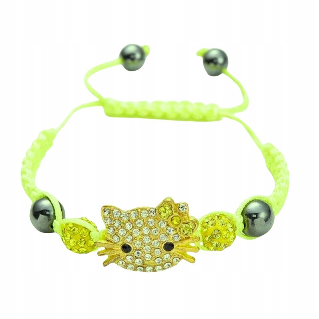 Żółto-zielona bransoletka z kotkiem kryształki modny delikatny dodatek