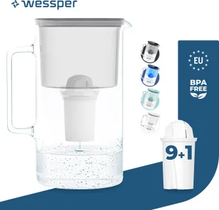 Wessper szklany dzbanek filtrujący do wody 3 l szary Kompatybilny z wkładami filtrującymi Brita Classic Zawiera 10 wkładów filtrujących do wody - Dzbanki i imbryki - miniaturka - grafika 1