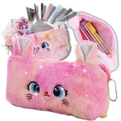 Piórniki - Piórnik Szkolny Saszetka Przybornik Włochacz Futerko Dla Dziewczynki Kotek Różowy - miniaturka - grafika 1