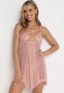 Bielizna nocna - Różowa Koszula Nocna z Wiązaniem na Dekolcie Wykończona Koronką oraz Stringi Gumaiya - miniaturka - grafika 1