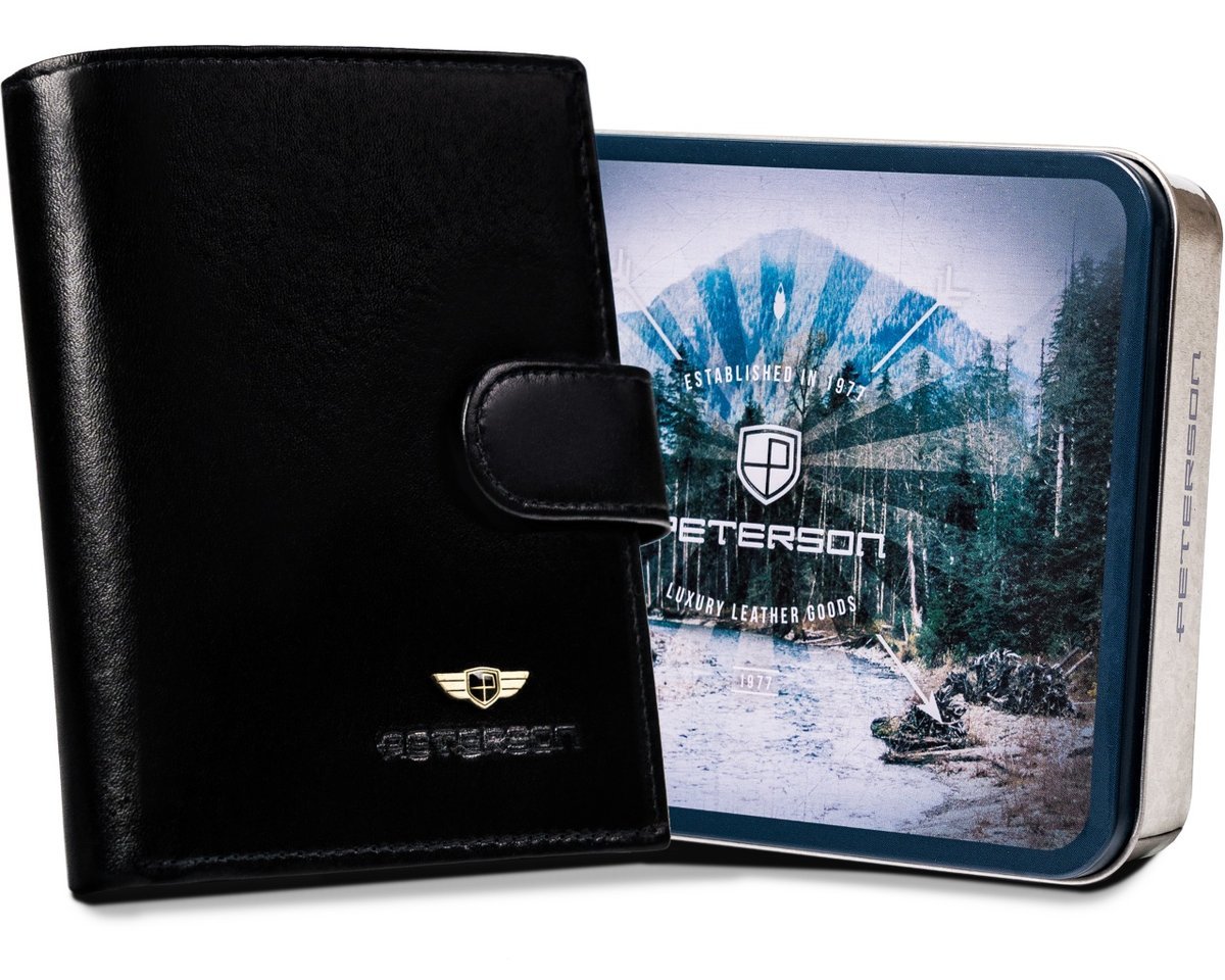 Duży pionowy portfel męski PETERSON skórzany z zapięciem na zatrzask rozbudowany na karty ochrona elegancki czarny
