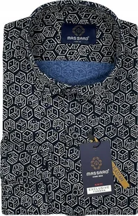 Granatowa dzianinowa koszula męska we wzory z lycrą SLIM-FIT MS041149 - Koszule męskie - miniaturka - grafika 1