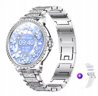 Smartwatch - Srebrny Smartwatch Zegarek Damski Cyrkonie Amoled Rozmowy Ciśnienie Menu Pl - miniaturka - grafika 1