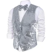 Kurtki i płaszcze dla chłopców - Dress Up America Kamizelka Z Cekinami Dress Up America Z Muszką - Błyszcząca Kamizelka Dla Chłopców (Srebrny, Duży) - miniaturka - grafika 1