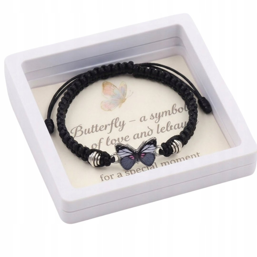 Bransoletka Sznurkowa Czarna Regulowana Motyl z Kartką w Pudełku
