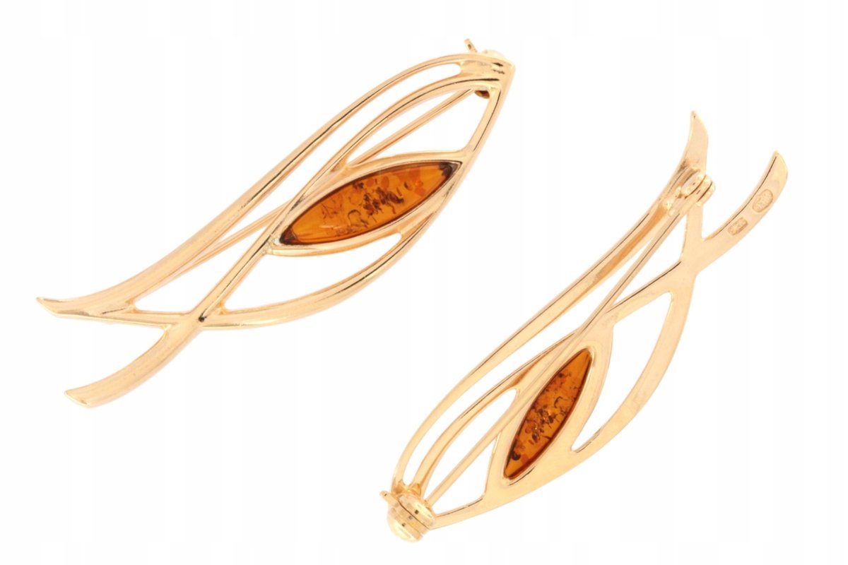 Elegancka srebrna broszka z bursztynem pozłacana 24K - wyjątkowy styl!