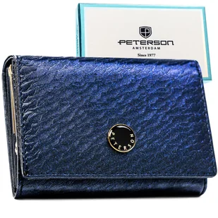 Mały portfel damski na zatrzask granatowy skórzany PETERSON rfid stop elegancki klasyczny poziomy - Portfele Mały portfel damski na zatrzask granatowy skórzany PETERSON rfid stop elegancki klasyczny poziomy - Portfele - miniaturka - grafika 1
