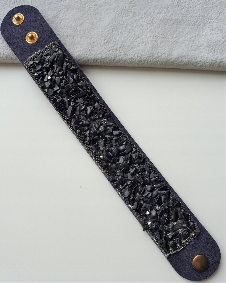 Szeroka Bransoletka Granatowa Kamienie Zatrzask