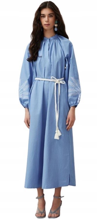 TRENDYOL NIEBIESKA SUKIENKA MIDI Z HAFTEM I PASKIEM 38 5AA